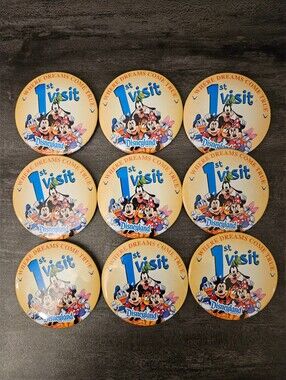 Lot of 9 Walt Disney World - Disneyland 1st Visit Pinback Buttons Mickey&Friends